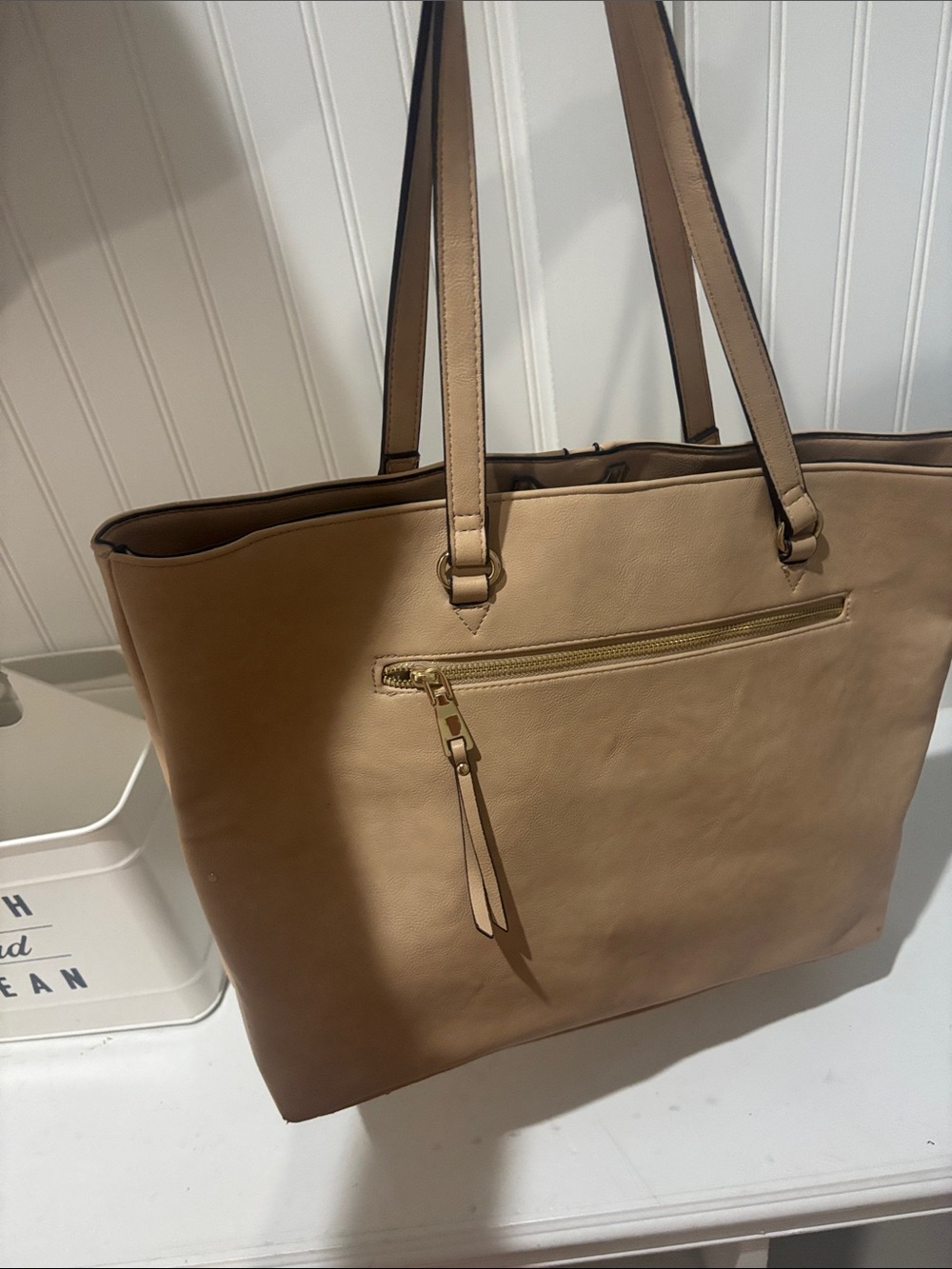 Women's Tan Tote Bag with Front Zip Pocket